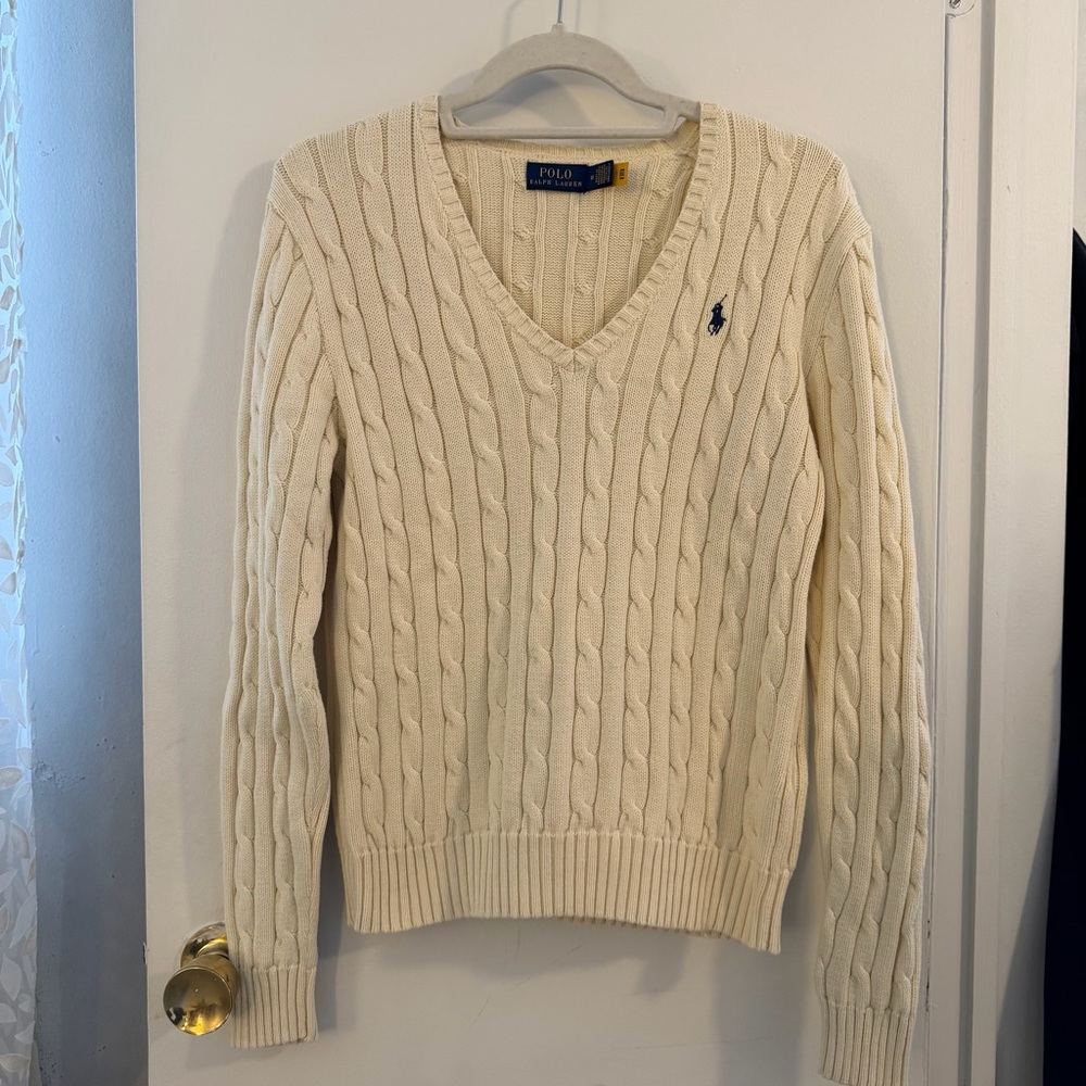 Polo Ralph Lauren Women's Cream V-Neck Cable Knit Sweater